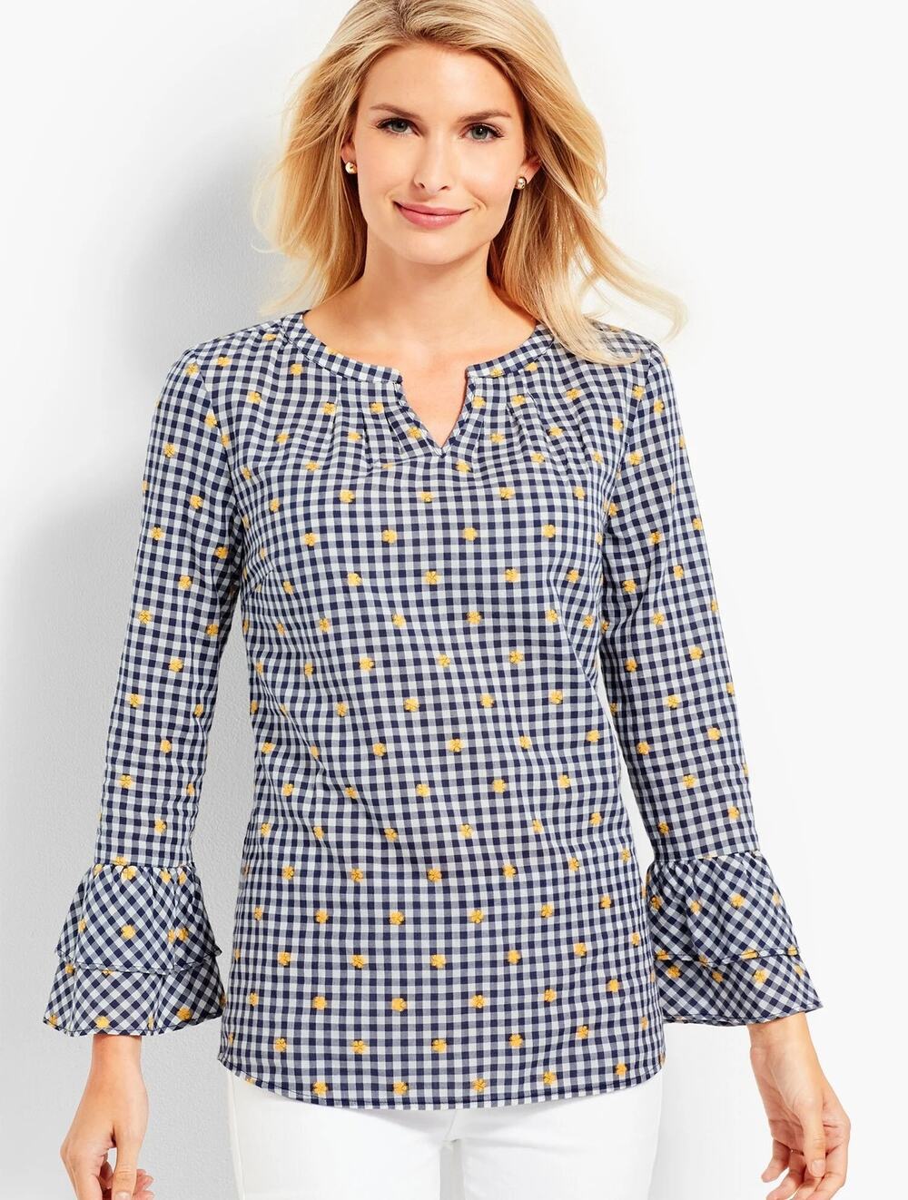 Talbots Gingham Embroidered-Flower Popover Size Mp 100% cotton